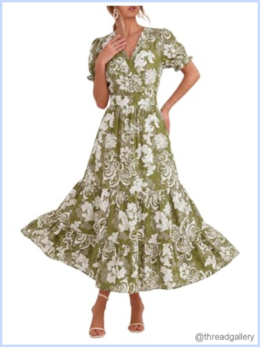 Women's Maxi Dress V Neck Puffy Short Sleeve Flowy Casual Vacation Sundress